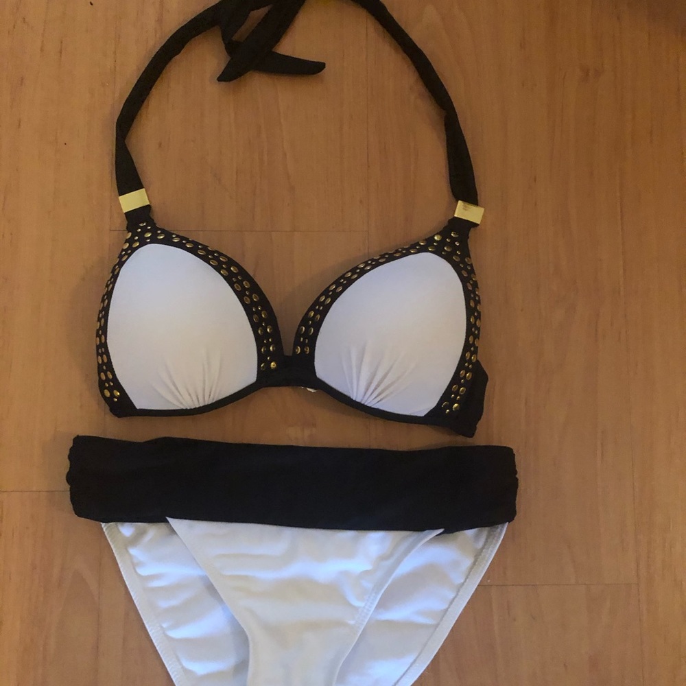 White and black embellished bikini